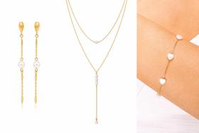 Conjunto Pérolas 1 Colar 1 Brinco e 1 Pulseira Banhado a Ouro 18k Conjunto Pérolas 1 Colar 1 Brinco e 1 Pulseira Banhado a Ouro 18k