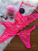 Conjunto Personalizável de Lingerie Fio Borboleta em Tule com Coração Rosa Neon