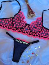 Conjunto Personalizável Fio Duplo em Tule com Coração Preto e Rosa Neon - Sutiã e Calcinha Conjunto Personalizável Fio Duplo em Tule com Coração Preto e Rosa Neon - Sutiã e Calcinha