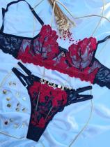 Conjunto Personalizável Regulagem Dupla em Renda e Tule Ilusion com Pétala Preto e Vermelho