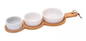 Conjunto Petisqueira 3 Bowls de Porcelana + Tábua Bambu - Wincy