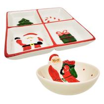 Conjunto Petisqueira e Tigela Bowl Cerâmica Natal Papai Noel Alto-Relevo - Master Christmas