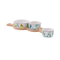 Conjunto Petisqueira Porcelana 3 Peças c/ Bandeja Bambu