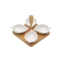 Conjunto Petisqueira Porcelana Com Suporte De Bambu 5 Peças