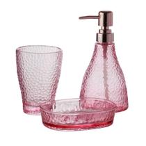 Conjunto Pia Banheiro 3 Peças Luxo Vidro Rosa Dispenser Porta Escovas Elegant