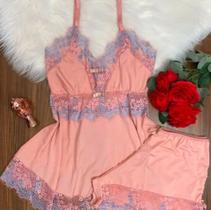 Conjunto Pijama, Adulto, Feminino, no Cetim, cor: Rosa com Detalhes em Renda. Conjunto Pijama, Adulto, Feminino, no Cetim, cor: Rosa com Detalhes em Renda.