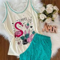 Conjunto Pijama, Adulto, Feminino, Regata, Tecido em Algodão, cor: Verde com Branco.