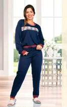 Conjunto Pijama, Calça, Manga Longa, Adulto, Feminino, no Algodão, cor: Azul Marinho com Estampa.