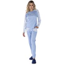 Conjunto Pijama De Frio Feminino Canelado Estampado Blusa Longa Calça Com Bolso Victory
