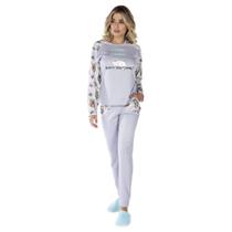 Conjunto Pijama De Frio Feminino Canelado Estampado Blusa Longa Calça Com Bolso Victory