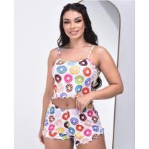 Conjunto Pijama feminino cropped alça fina short curto ondulados estampas variadas confortável