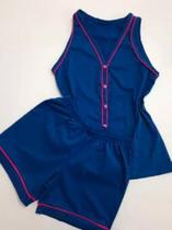 Conjunto Pijama, Regata, Adulto, Feminino, no Algodão, na cor: Azul com Rosa.