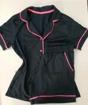 Conjunto Pijama, Shorts, Feminino, Adulto, no Cetim, cor: Preto e Rosa.