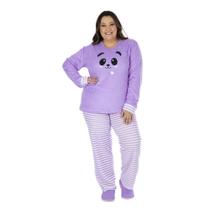 Conjunto Pijama Victory De Frio Feminino Plush Quente Estampado Blusa Longa Calça Listrada