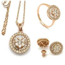 Conjunto Pingente Anel Brinco Ouro Rose 18k Cravejado Diamante Brilhante Natural Pizza 1.1cm -11mm