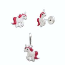 Conjunto Pingente Brinco Infantil Prata Pura 925 Unicornio Conjunto Pingente Brinco Infantil Prata Pura 925 Unicornio