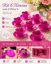 Conjunto Pink 6 Xícaras De Coração 6 Pires Redondo Plastico