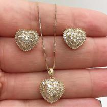 Conjunto Pizza Brinco Pingente Coraçao Ouro Amarelo 18k Brilhante Natural