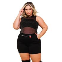 Conjunto Plus Size Blusa de tule Cropped faixa + Short 0537