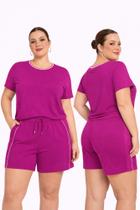 Conjunto Plus Size Blusa e Shorts Lilás Rovitex em Malha com Friso Lateral