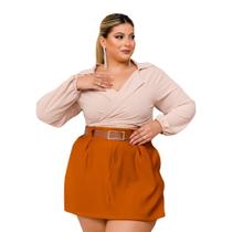 Conjunto Plus Size Blusa Manga Longa Short Saia Cinto Couro 0422