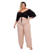 Conjunto Plus Size C Cropped Manga Flare + Calça C Cinto 0480 Conjunto Plus Size C Cropped Manga Flare + Calça C Cinto 0480