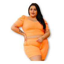 Conjunto plus size canelado blusa cropped e short novidade feminina