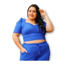 Conjunto plus size canelado blusa cropped e short tendência feminina