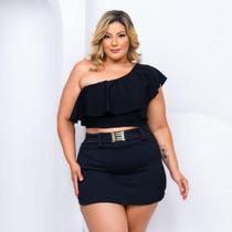 Conjunto Plus Size Cropped Babado + Shorts Saia Fivela 0468 Conjunto Plus Size Cropped Babado + Shorts Saia Fivela 0468