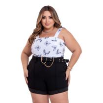 Conjunto Plus Size Cropped Borboleta + Short Com Cinto 0570