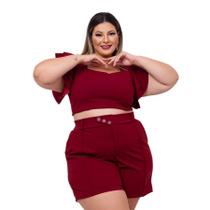 Conjunto Plus Size Cropped Manga Babado + Short Botão 0497