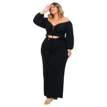 Conjunto Plus Size Cropped Manga Longa Calça Pantalona 0520