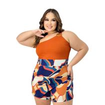 Conjunto Plus Size Cropped Ombro Único + Short Saia 0552 Conjunto Plus Size Cropped Ombro Único + Short Saia 0552