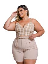 Conjunto Plus Size Cropped Xadrex e Short Com Cinto Corrente 0438