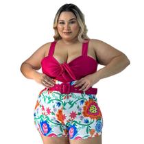 Conjunto Plus Size Estampado Cropped Laço Short com Cinto