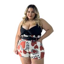 Conjunto Plus Size Estampado Cropped Laço Short com Cinto