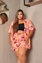 Conjunto Plus Size Estampado Shorts E Casaco Cardigan Cor:RosaTamanho:G2 Conjunto Plus Size Estampado Shorts E Casaco Cardigan Cor:RosaTamanho:G2
