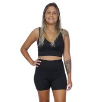 Conjunto Plus Size Feminino Academia Fitness Canelado Shorts e Top Decote V Pala