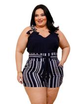 Conjunto Plus Size Feminino Blusa Lisa e Short Listrado 0451