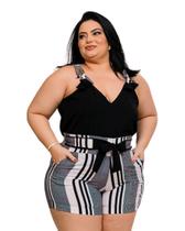 Conjunto Plus Size Feminino Blusa Lisa e Short Listrado 0451