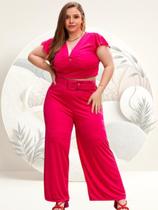 Conjunto Plus Size Feminino Calça Pantalona E Blusa Decote V
