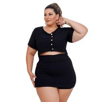 Conjunto Plus Size Feminino Cropped com Botões e Short Saia 0396