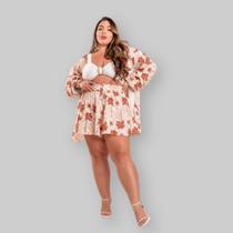 Conjunto Plus Size Feminino Cropped + Short + Kimono 0630