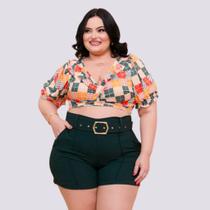 Conjunto Plus Size Feminino Cropped Xadrez Short Cinto 0269