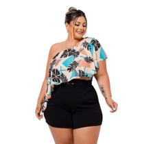 Conjunto PLus Size Feminino Estampado Short + Cinto Cropped 0437