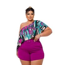 Conjunto PLus Size Feminino Estampado Short + Cinto Cropped 0437