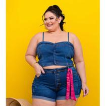 Conjunto plus size Jeans premium com Lycra Ref:2396 Fecho em botões Alças reguláveis em amarração