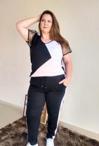 Conjunto Plus Size Malha Recorte Diagonal Calça + Blusa Manga em Tule Elegante