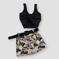 Conjunto Plus Size Short Saia Cinto + Cropped Franzido 0638
