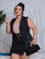 Conjunto Plus Size Short Saia Colete Alfaiataria Com Cinto